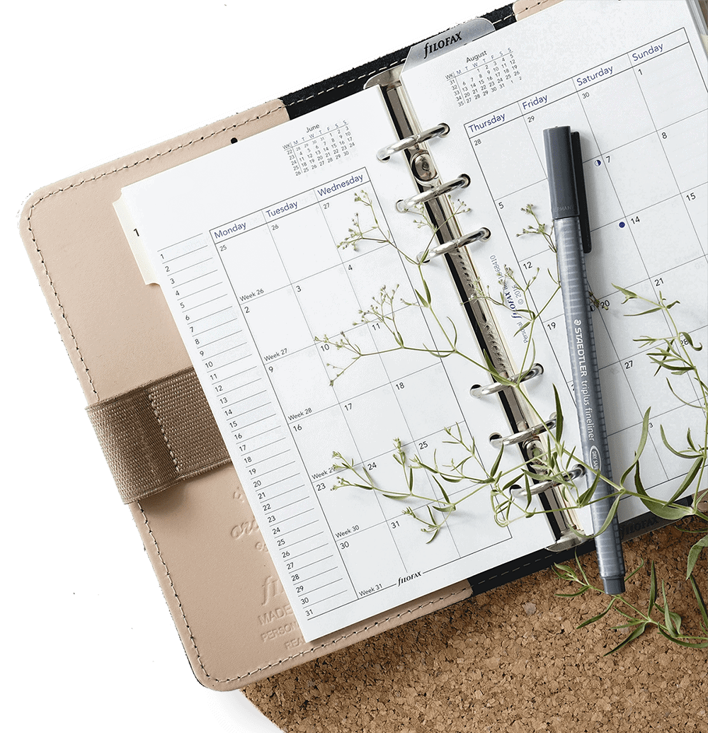 Open ring binder planner with a monthly calendar, pen, and small green plants on a cork surface.