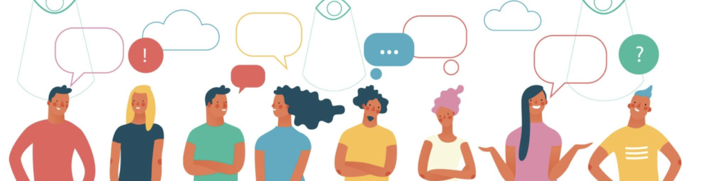 Illustration of several people with speech bubbles, question marks, exclamation marks, cloud icons, and eye symbols above them.