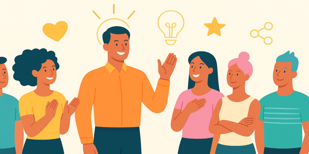 Illustration of a smiling speaker standing with a group of people and icons for a heart, light bulb, star, and connection above them.