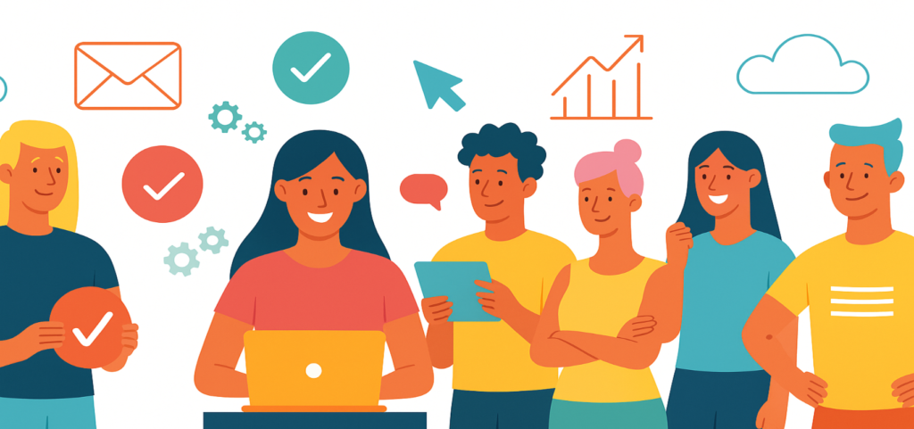 Illustration of a group of people with a laptop, email icon, check marks, gears, cursor, cloud, and growth chart symbols.