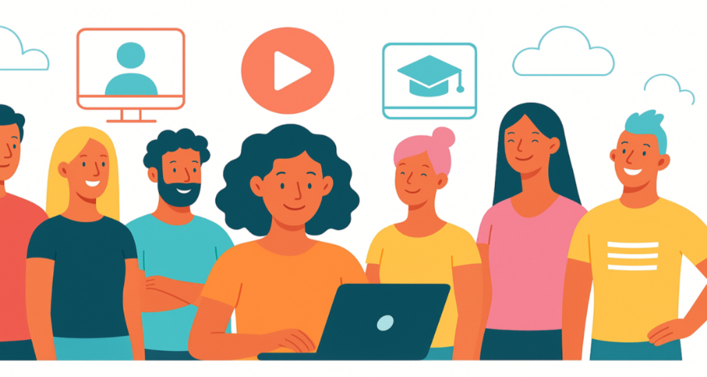 Illustration of a diverse group of people around a laptop with video, online learning, and graduation icons above them.
