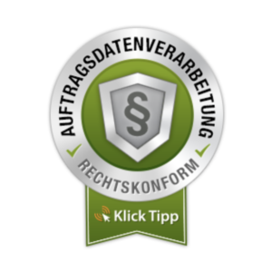 Green and white KlickTipp badge with a shield, paragraph symbol, and the German text “Auftragsdatenverarbeitung rechtskonform.”