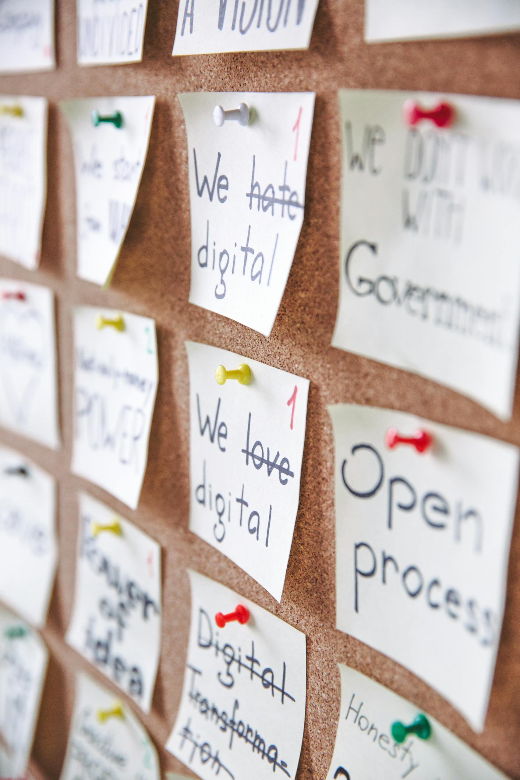 Corkboard filled with handwritten notes, sketches, and pinned ideas for planning and strategy.